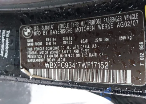 2007 BMW X3 3.0Si z USA, uszkodzony, nr VIN WBXPC93417WF17152